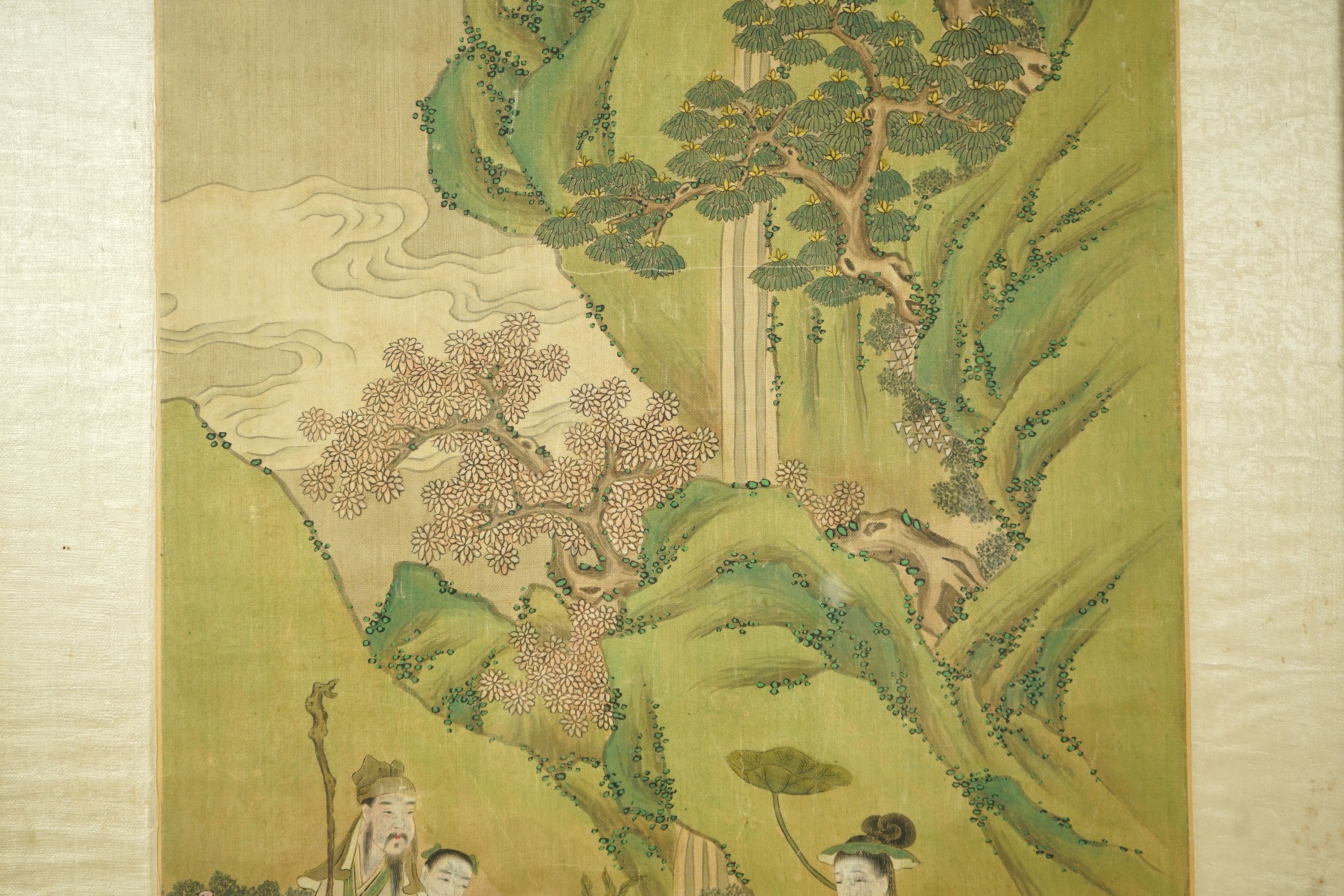 Chinese School , (late 19th century), Immortals in a landscape, Ink and colour on silk, 114.5cm x 40.5cm, excluding brocade border